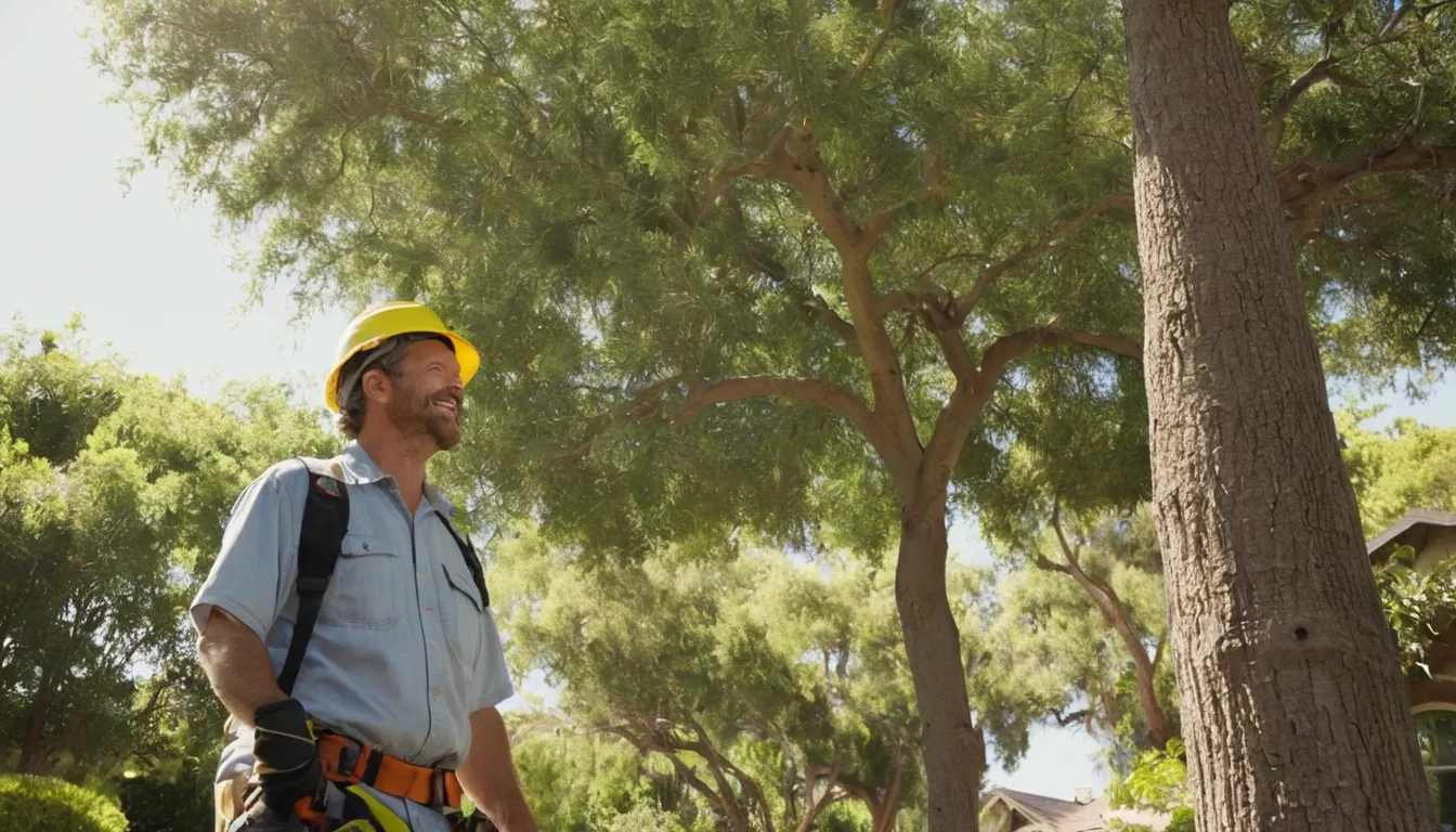 A tree service provider planning a removal in a Beaumont backyard