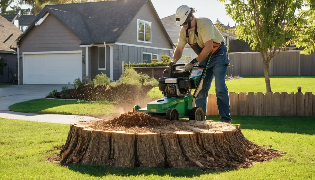 A stump grinder at work on a backyard stump in Beaumont, with wood chips flying