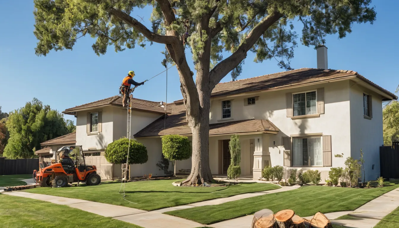 Provider cutting a large backyard tree in sections beside a stucco home in Beaumont